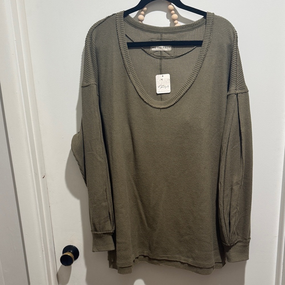 Free People Olive Waffle Knit Sweatshirt